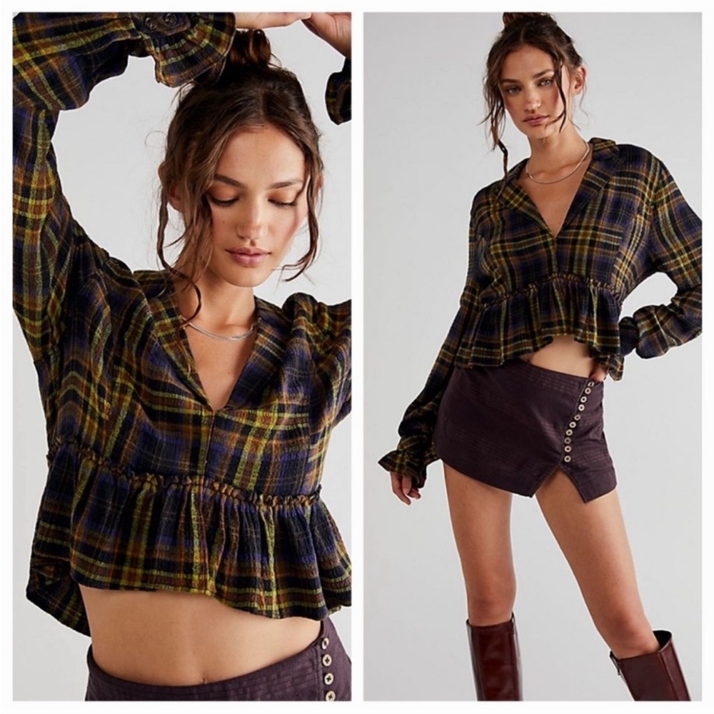 Free People Ruffled Up Blue Plaid Cropped Shirt Jacket M NWT